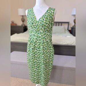 Boden green polka dot V-neck sheath dress, size 6R.